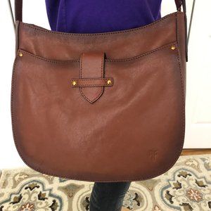 Frye Olivia dark brown leather Crossbody hobo Saddle Bag .